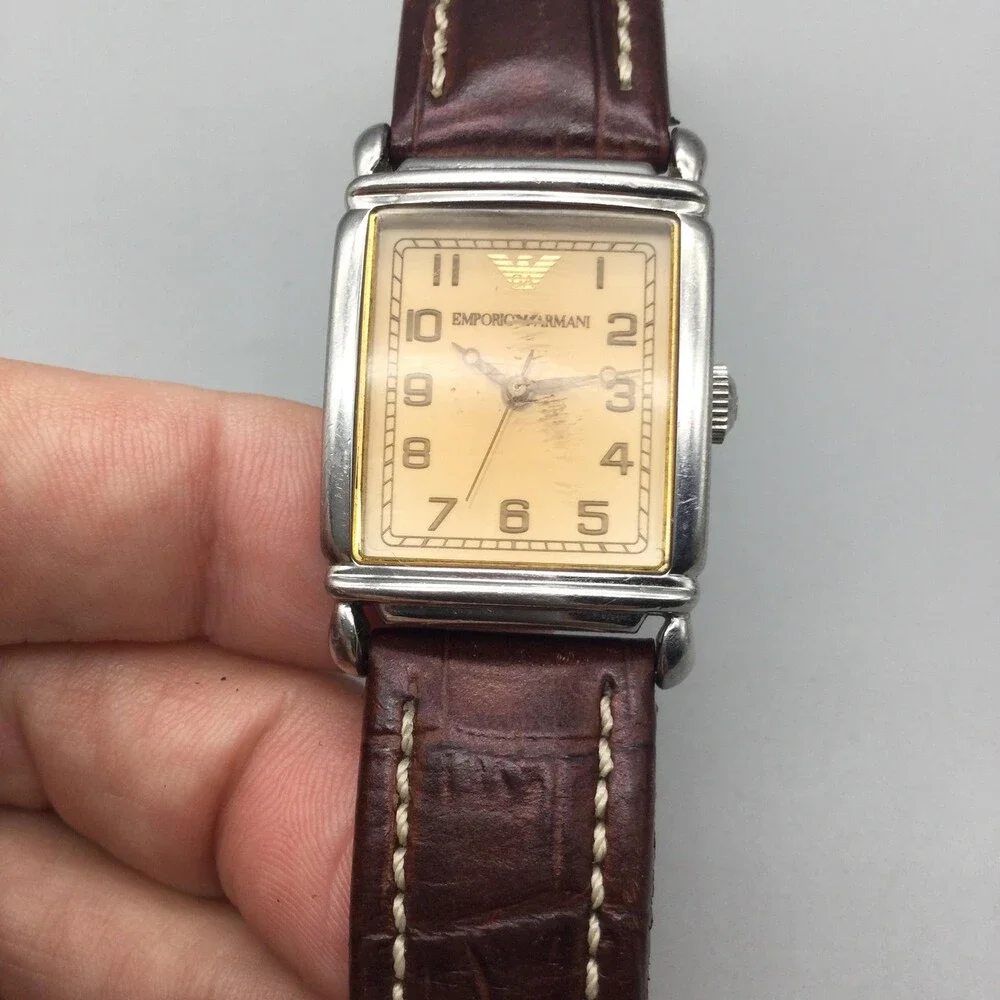 Emporio Armani Womens Watch 24mm Beige Dial Brown Leather AR2004 New Battery